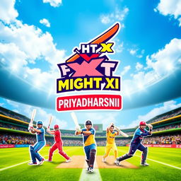 A vibrant and dynamic cricket poster for the team 'MIGHT XI PRIYADHARSHINI'