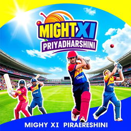 A vibrant and dynamic cricket poster for the team 'MIGHT XI PRIYADHARSHINI'