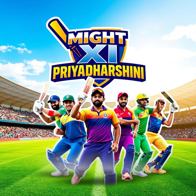 A vibrant and dynamic cricket poster for the team 'MIGHT XI PRIYADHARSHINI'