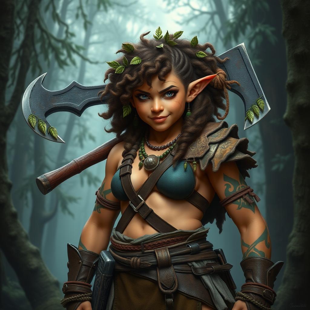 A fierce female halfling barbarian standing proud in a wild and untamed forest