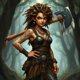 A fierce female halfling barbarian standing proud in a wild and untamed forest