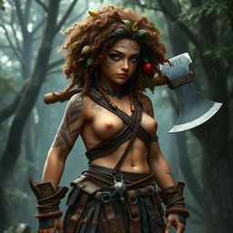 A fierce female halfling barbarian standing proud in a wild and untamed forest