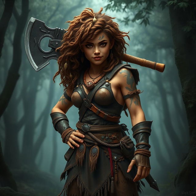 A fierce female halfling barbarian standing proud in a wild and untamed forest