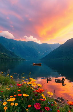 A serene landscape at sunrise, featuring a tranquil lake surrounded by lush green mountains and a vibrant sky painted in shades of orange, pink, and purple