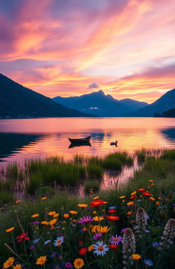 A serene landscape at sunrise, featuring a tranquil lake surrounded by lush green mountains and a vibrant sky painted in shades of orange, pink, and purple