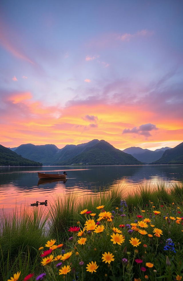 A serene landscape at sunrise, featuring a tranquil lake surrounded by lush green mountains and a vibrant sky painted in shades of orange, pink, and purple