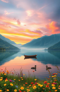 A serene landscape at sunrise, featuring a tranquil lake surrounded by lush green mountains and a vibrant sky painted in shades of orange, pink, and purple