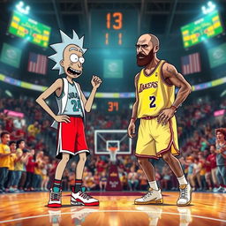 A dynamic and humorous scene featuring Rick from Rick and Morty and Walter White from Breaking Bad facing each other in a basketball court setting
