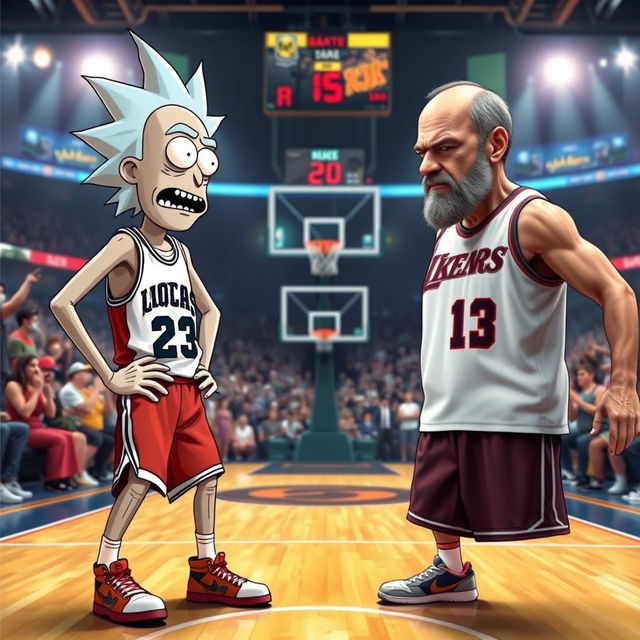 A dynamic and humorous scene featuring Rick from Rick and Morty and Walter White from Breaking Bad facing each other in a basketball court setting