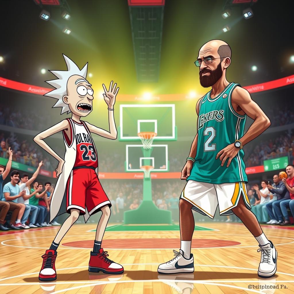 A dynamic and humorous scene featuring Rick from Rick and Morty and Walter White from Breaking Bad facing each other in a basketball court setting