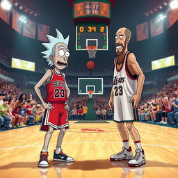 A dynamic and humorous scene featuring Rick from Rick and Morty and Walter White from Breaking Bad facing each other in a basketball court setting