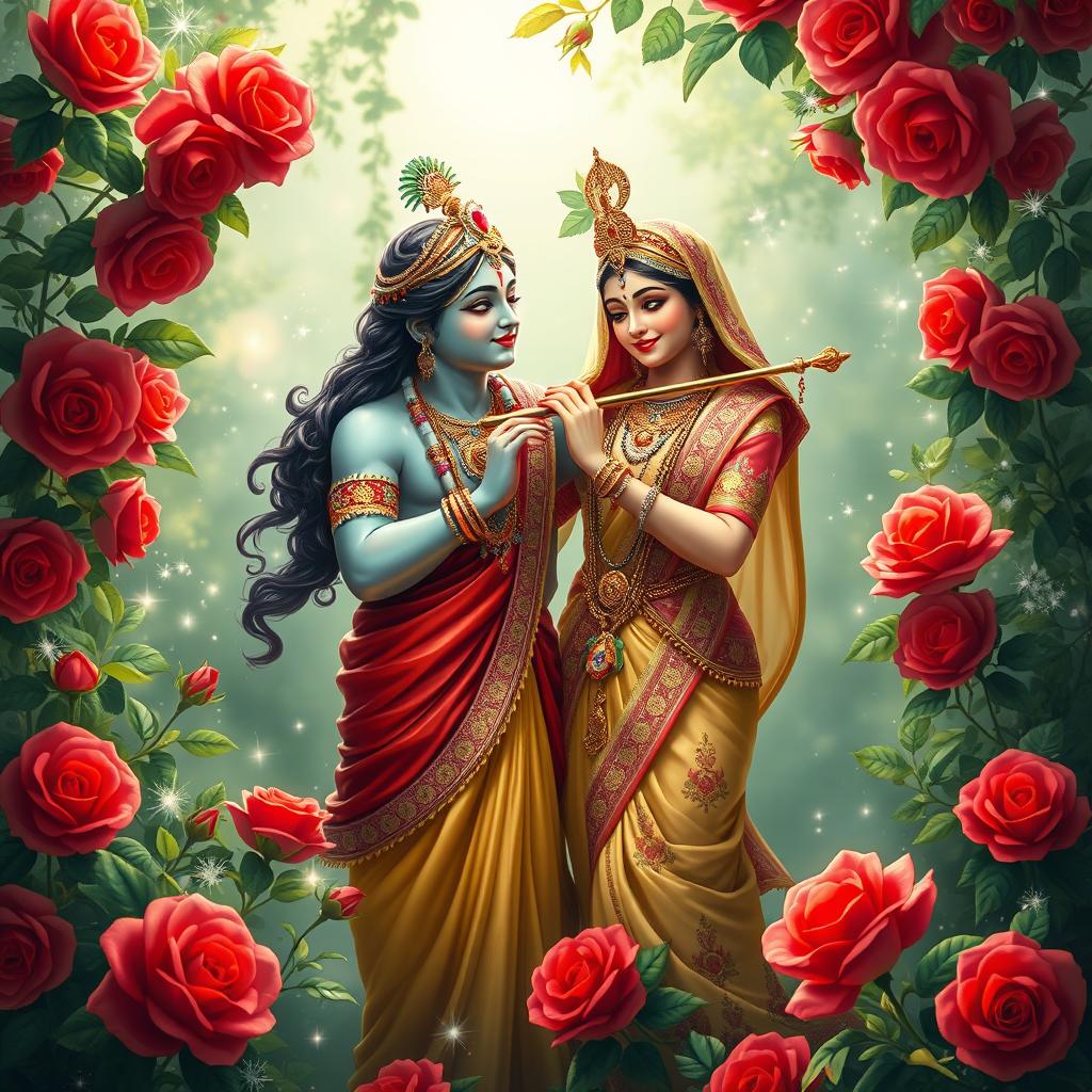 An enchanting depiction of Radha and Krishna in a romantic pose, surrounded by lush greenery and vibrant red roses