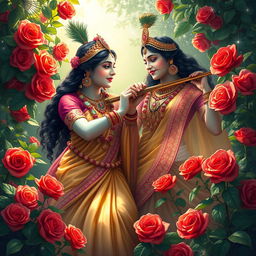 An enchanting depiction of Radha and Krishna in a romantic pose, surrounded by lush greenery and vibrant red roses