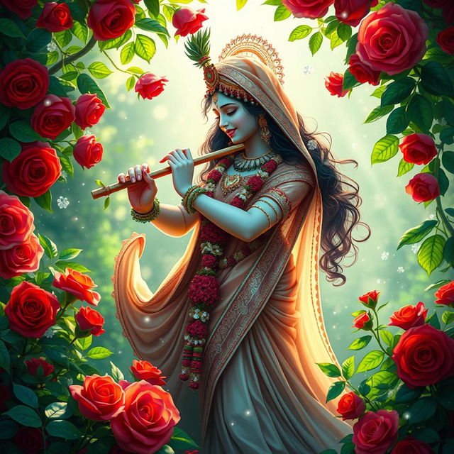 An enchanting depiction of Radha and Krishna in a romantic pose, surrounded by lush greenery and vibrant red roses