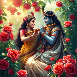 An enchanting depiction of Radha and Krishna in a romantic pose, surrounded by lush greenery and vibrant red roses