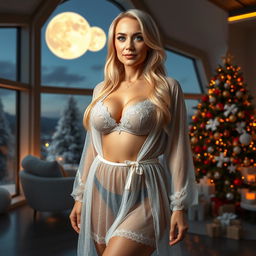 A realistic full-body image of a mature woman, 45 years old, with long blonde hair and striking cyan eyes