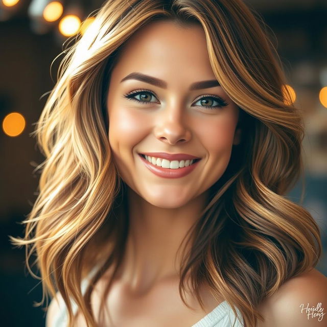 A close-up portrait of a woman with a stylish and trendy hairstyle, featuring soft waves cascading down her shoulders