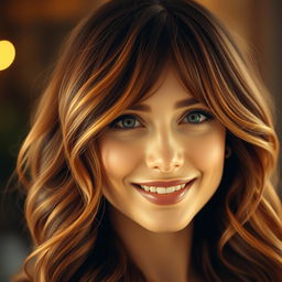 A close-up portrait of a woman with a stylish and trendy hairstyle, featuring soft waves cascading down her shoulders