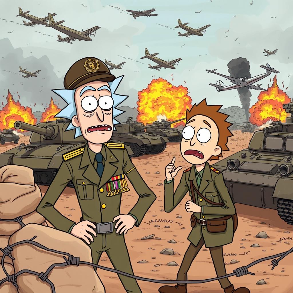 An imaginative and action-packed scene depicting Rick and Morty set during World War II