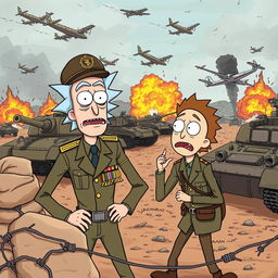 An imaginative and action-packed scene depicting Rick and Morty set during World War II