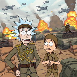 An imaginative and action-packed scene depicting Rick and Morty set during World War II