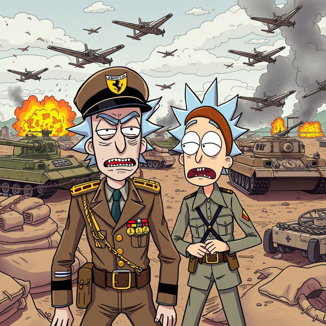 An imaginative and action-packed scene depicting Rick and Morty set during World War II