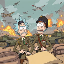 An imaginative and action-packed scene depicting Rick and Morty set during World War II