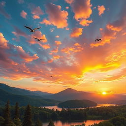 A breathtaking landscape with a vibrant sunrise in the sky, painting the clouds in hues of orange, pink, and gold