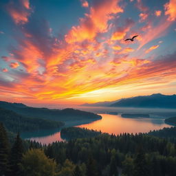A breathtaking landscape with a vibrant sunrise in the sky, painting the clouds in hues of orange, pink, and gold