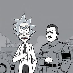 A striking black and white image featuring Rick from Rick and Morty standing next to a historical figure resembling Adolf Hitler in 1942