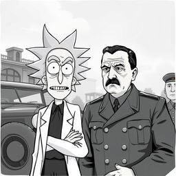 A striking black and white image featuring Rick from Rick and Morty standing next to a historical figure resembling Adolf Hitler in 1942