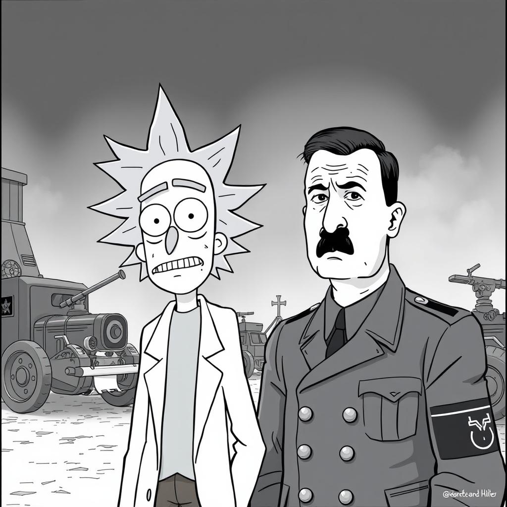 A striking black and white image featuring Rick from Rick and Morty standing next to a historical figure resembling Adolf Hitler in 1942