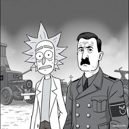 A striking black and white image featuring Rick from Rick and Morty standing next to a historical figure resembling Adolf Hitler in 1942