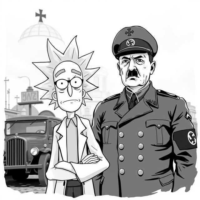 A striking black and white image featuring Rick from Rick and Morty standing next to a historical figure resembling Adolf Hitler in 1942