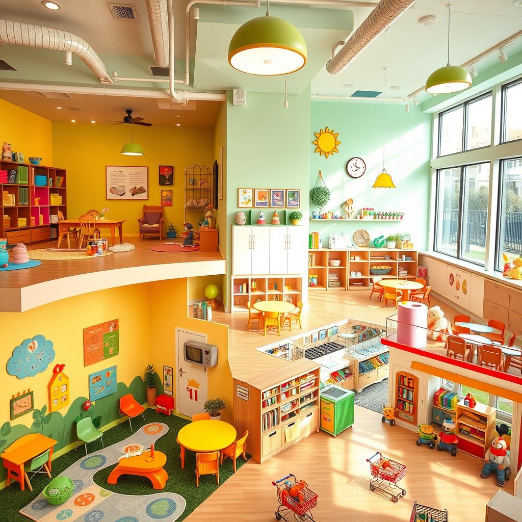A vibrant and imaginative educational center designed for children aged 0 to 10, featuring a cognitive and sensory development classroom filled with colorful learning materials and engaging toys