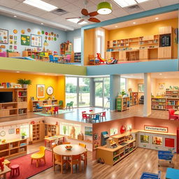 A vibrant and imaginative educational center designed for children aged 0 to 10, featuring a cognitive and sensory development classroom filled with colorful learning materials and engaging toys