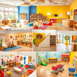 A vibrant and imaginative educational center designed for children aged 0 to 10, featuring a cognitive and sensory development classroom filled with colorful learning materials and engaging toys