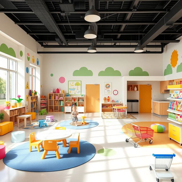 A vibrant and imaginative educational center designed for children aged 0 to 10, featuring a cognitive and sensory development classroom filled with colorful learning materials and engaging toys