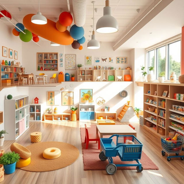 An imaginative and colorful educational center designed for children aged 0 to 10, featuring a cognitive and sensory development classroom filled with various interactive learning tools and sensory play equipment