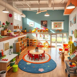An imaginative and colorful educational center designed for children aged 0 to 10, featuring a cognitive and sensory development classroom filled with various interactive learning tools and sensory play equipment