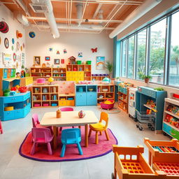 An imaginative and colorful educational center designed for children aged 0 to 10, featuring a cognitive and sensory development classroom filled with various interactive learning tools and sensory play equipment