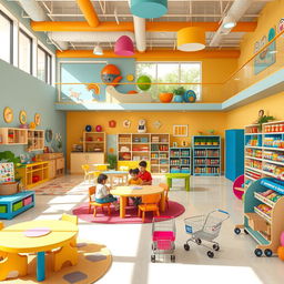 An imaginative and colorful educational center designed for children aged 0 to 10, featuring a cognitive and sensory development classroom filled with various interactive learning tools and sensory play equipment