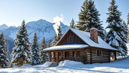 A rustic cabin nestled in the heart of a snow-covered mountain landscape, exuding a cozy and inviting charm