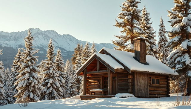 A rustic cabin nestled in the heart of a snow-covered mountain landscape, exuding a cozy and inviting charm