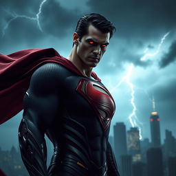 A dark and sinister version of Superman, portraying him with a menacing expression