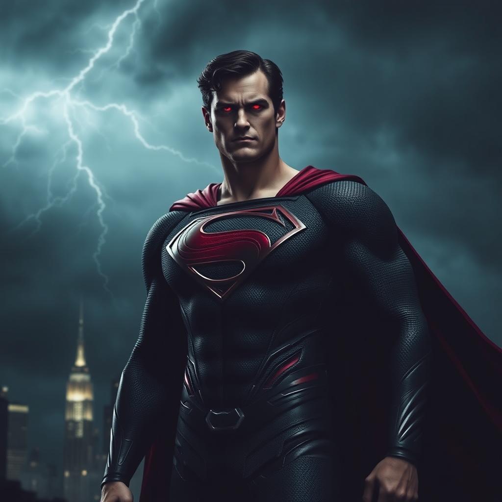 A dark and sinister version of Superman, portraying him with a menacing expression