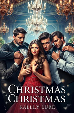 A fantasy novel cover featuring a beautiful woman being embraced by various dapper men at a grand Christmas ball
