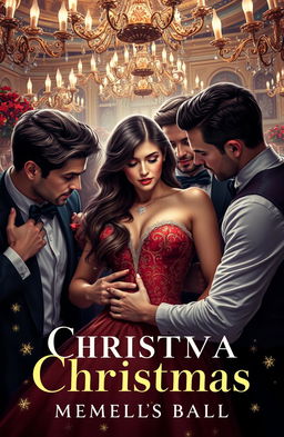 A fantasy novel cover featuring a beautiful woman being embraced by various dapper men at a grand Christmas ball
