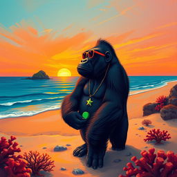 A surrealist digital illustration of a gorilla standing on a sandy beach during sunset