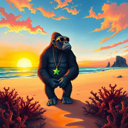 A surrealist digital illustration of a gorilla standing on a sandy beach during sunset